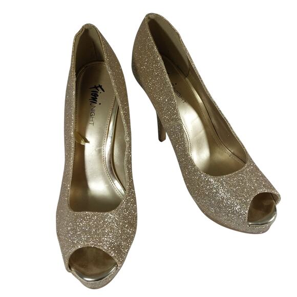 FIONI NIGHT! SHIMMERY GOLD STARDUST PEEP TOE STILETTO, PLATFORM HEELS! SZ 7.5M - Picture 2 of 10
